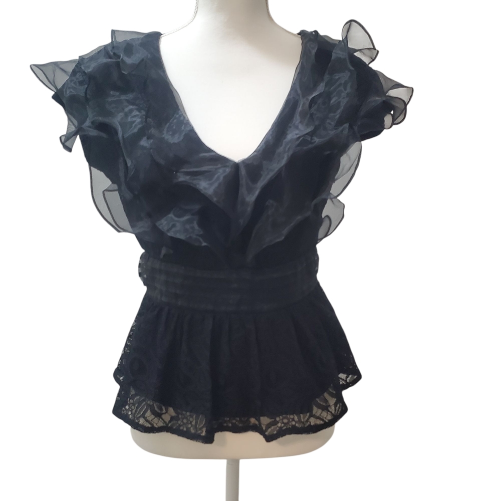 Express Black Peplum Ruffle Blouse Women Petite SP Elegant Top EUC